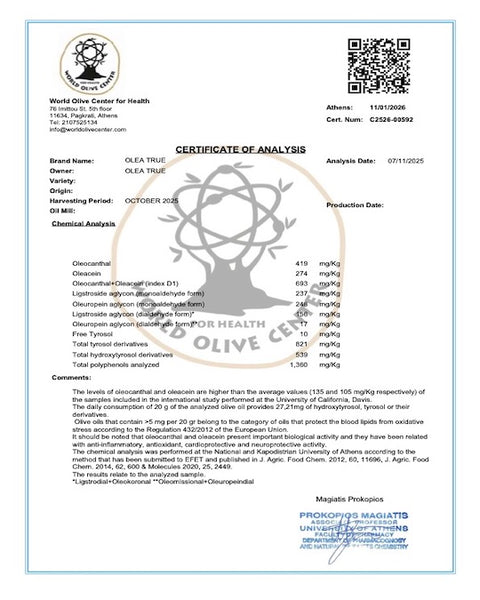 Olea True High Phenolic Olive Oil –  500ml (16.9 fl oz)